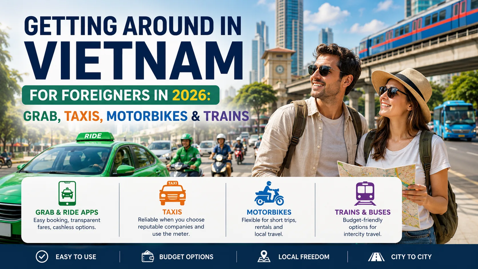 Đi lại ở Việt Nam cho người nước ngoài 2026: Grab, taxi, xe máy, tàu xe