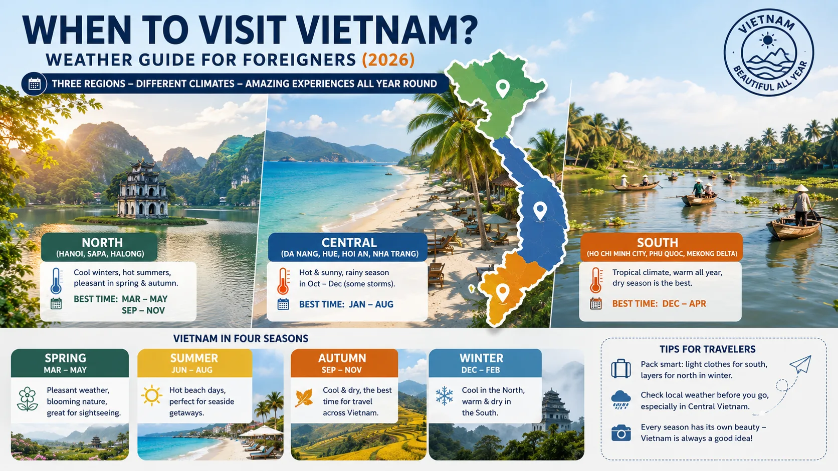 Mùa nào nên đến Việt Nam? Thời tiết 3 miền cho người nước ngoài (2026)
