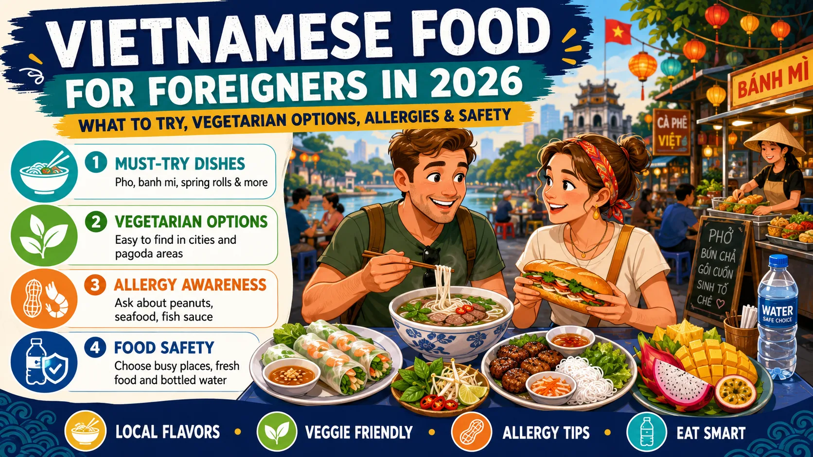 Ẩm thực Việt Nam cho người nước ngoài 2026: món nên thử, ăn chay, dị ứng & an toàn