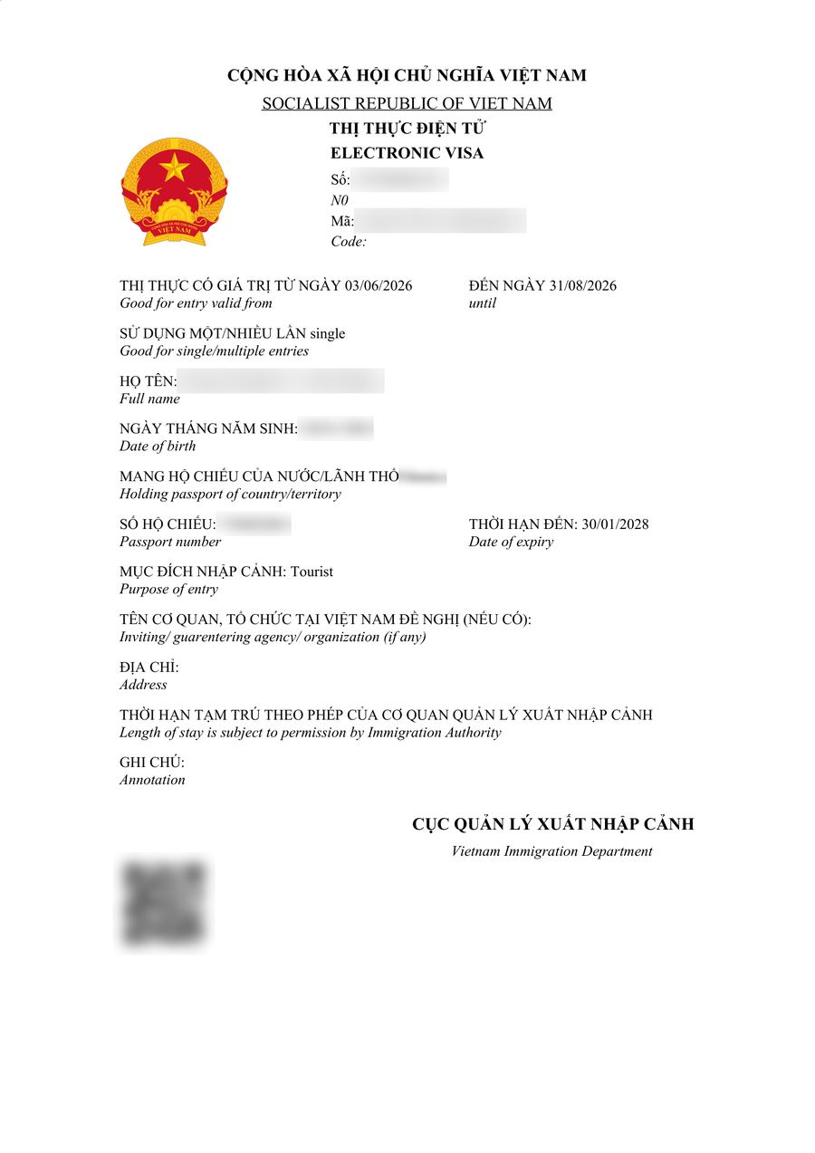 E-Visa Việt Nam đã được cấp — đã che thông tin cá nhân